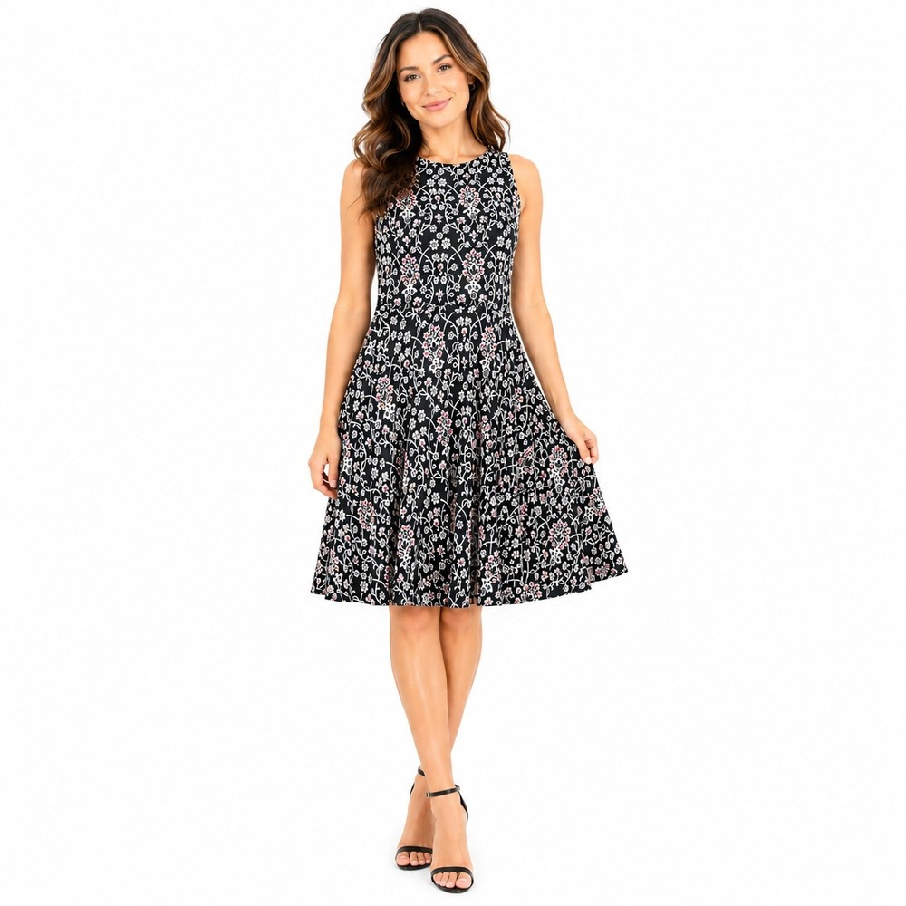 LOFT Floral Fit & Flare Dress Black White Red Sleeveless Size M